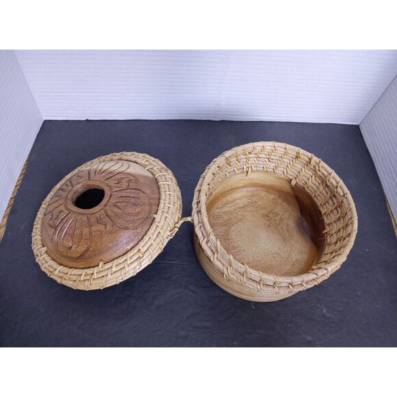 Vintage Indonesian Natural Carved Wood and Rattan Basket Tissue Dispenser - Picture 7 of 8